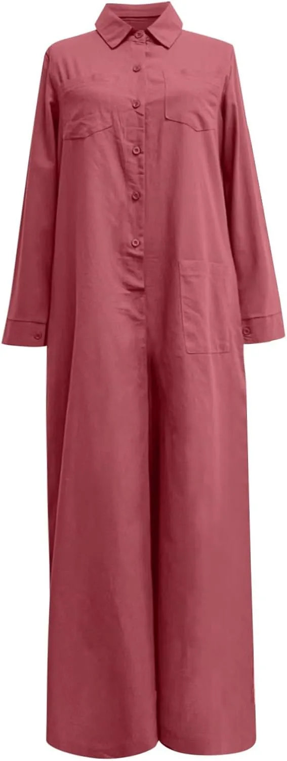 Women's Loose Cotton Linen One Piece Beach Jumpsuit Casual Fashion Wide Leg Bib Overalls Palazzo Pants with Pockets