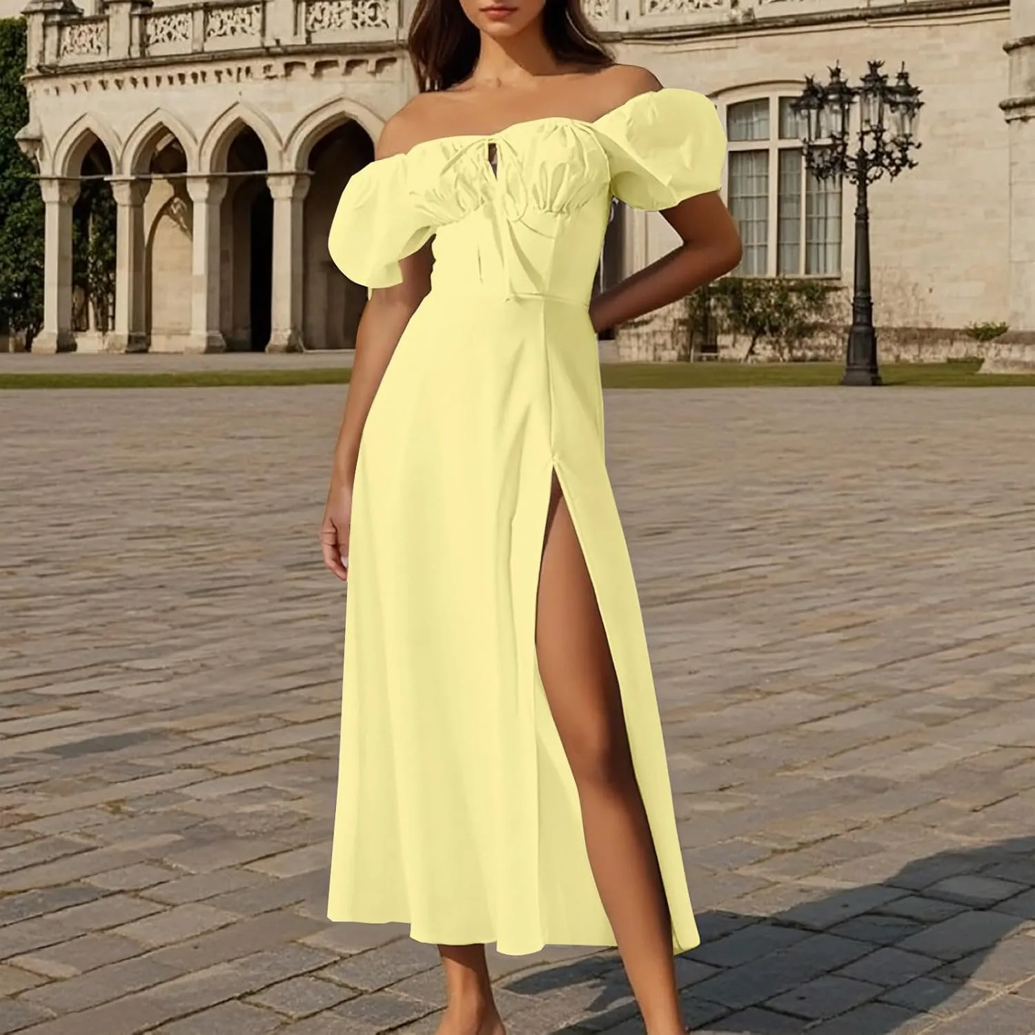 Women's Off-Shoulder Puff Short Sleeve Dress Lace Up Summer Maxi Dresses High Split Cocktail Club Party A Line Dress