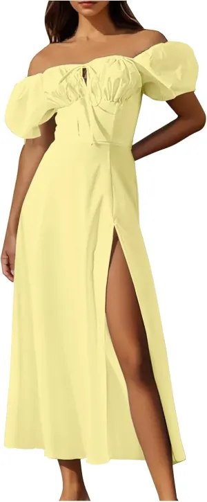 Women's Off-Shoulder Puff Short Sleeve Dress Lace Up Summer Maxi Dresses High Split Cocktail Club Party A Line Dress