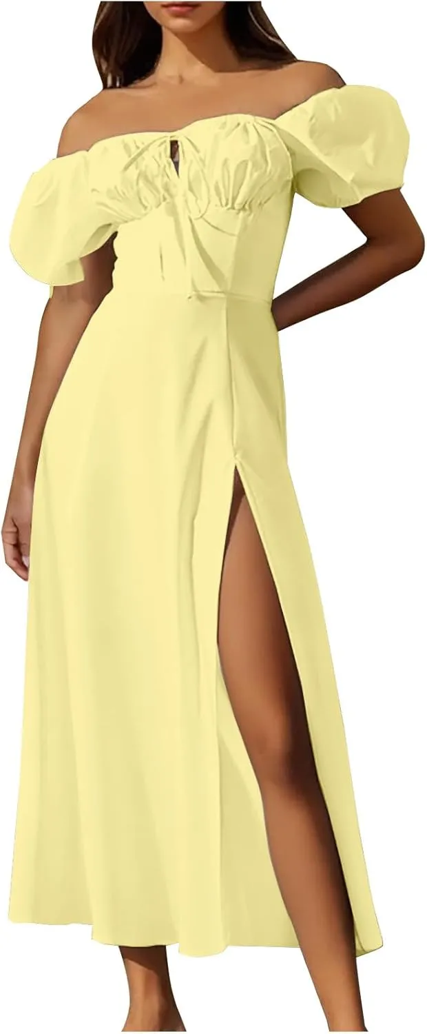 Women's Off-Shoulder Puff Short Sleeve Dress Lace Up Summer Maxi Dresses High Split Cocktail Club Party A Line Dress