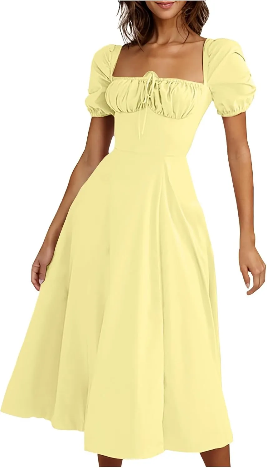 Women's Off-Shoulder Puff Short Sleeve Dress Lace Up Summer Maxi Dresses High Split Cocktail Club Party A Line Dress