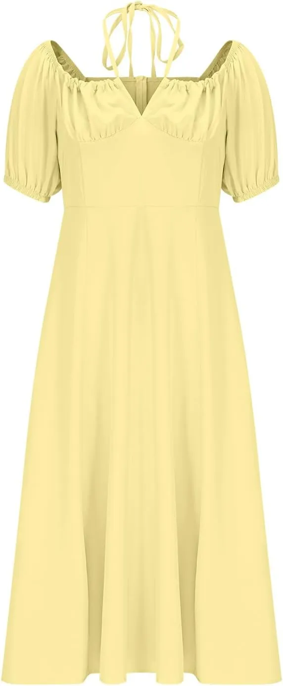 Women's Off-Shoulder Puff Short Sleeve Dress Lace Up Summer Maxi Dresses High Split Cocktail Club Party A Line Dress