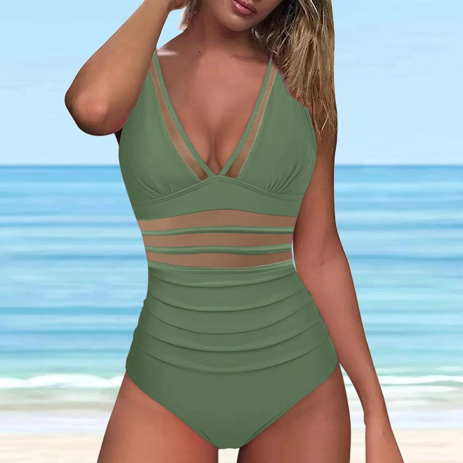 Women's One Piece Swimsuit Split Flower Print Large Fashion Split Swimsuit with High Waisted Bottom One Piece