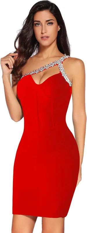 Womens One Shoulder Beaded Bodycon Bandage Dresses Mini Celebrity Party Night Club Dress