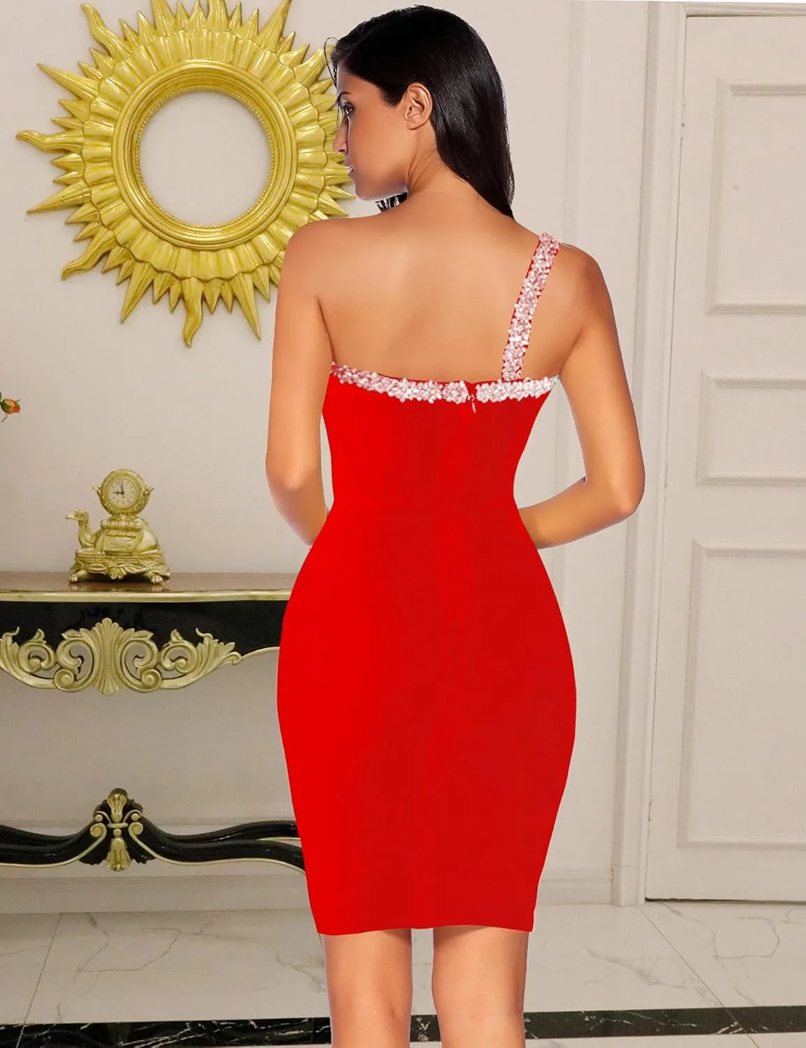 Womens One Shoulder Beaded Bodycon Bandage Dresses Mini Celebrity Party Night Club Dress