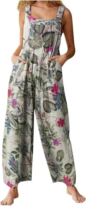 Women's Patchwork Dual Pocket Jumpsuit Loose Floral Print Bohemian Wide Leg Bib Overall