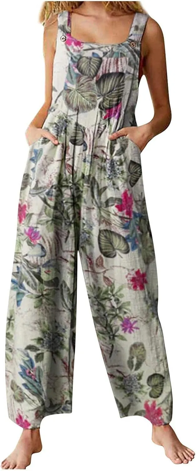 Women's Patchwork Dual Pocket Jumpsuit Loose Floral Print Bohemian Wide Leg Bib Overall