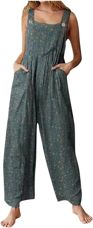 Women's Patchwork Dual Pocket Jumpsuit Loose Floral Print Bohemian Wide Leg Bib Overall