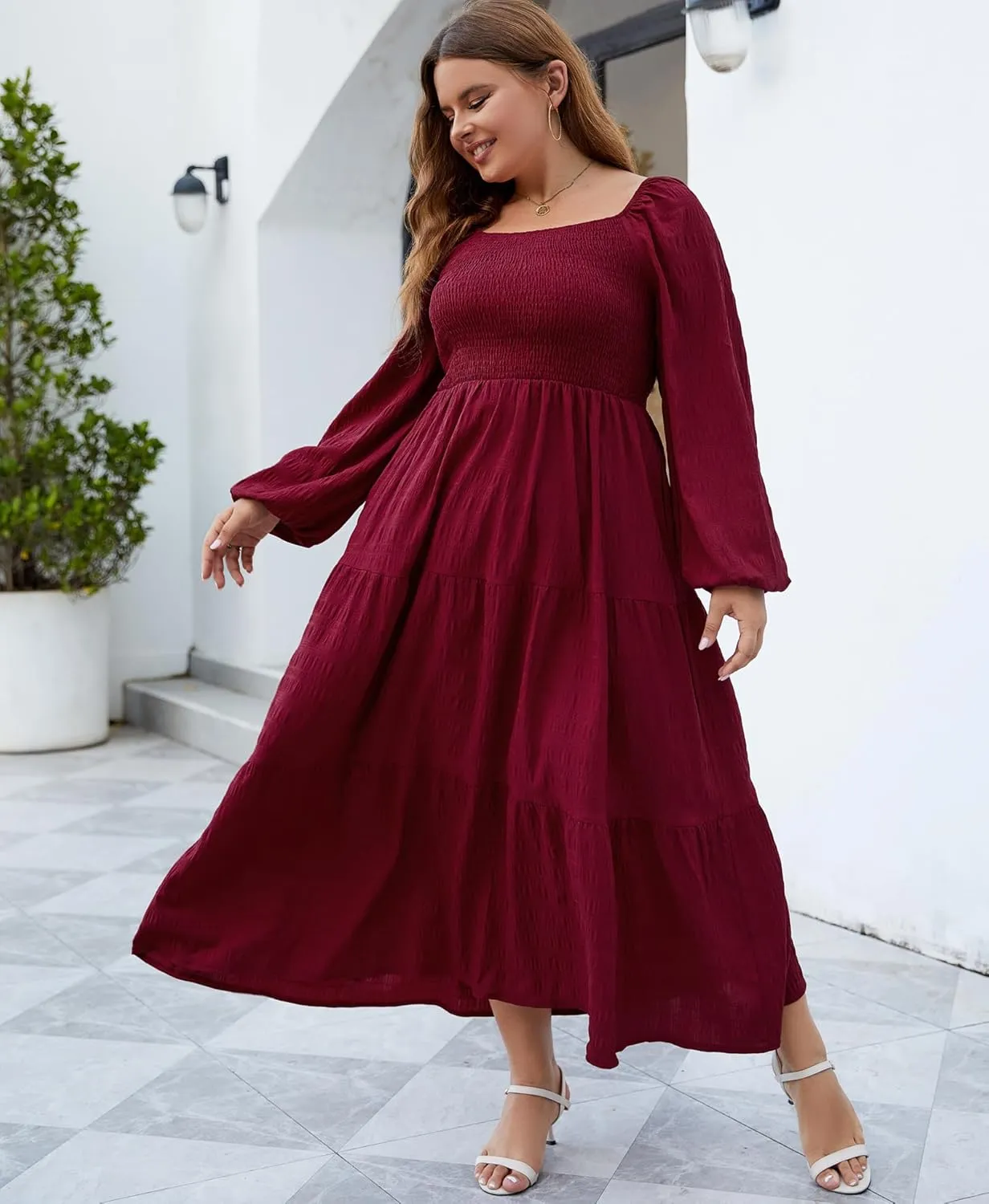Women's Plus Size Dresses Long Sleeve Floral Midi Dress with Pocket Square Neck Casual Boho Smocked Dress