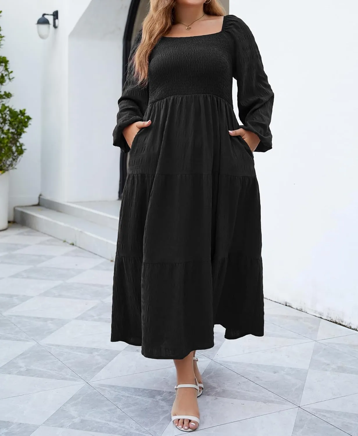 Women's Plus Size Dresses Long Sleeve Floral Midi Dress with Pocket Square Neck Casual Boho Smocked Dress