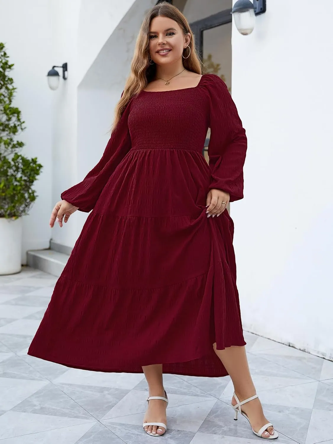 Women's Plus Size Dresses Long Sleeve Floral Midi Dress with Pocket Square Neck Casual Boho Smocked Dress