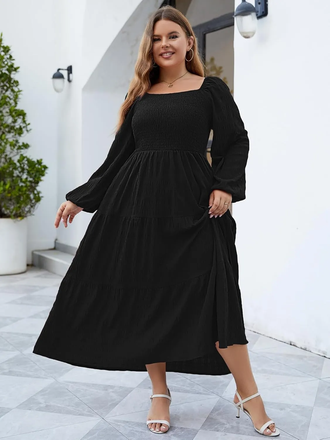 Women's Plus Size Dresses Long Sleeve Floral Midi Dress with Pocket Square Neck Casual Boho Smocked Dress