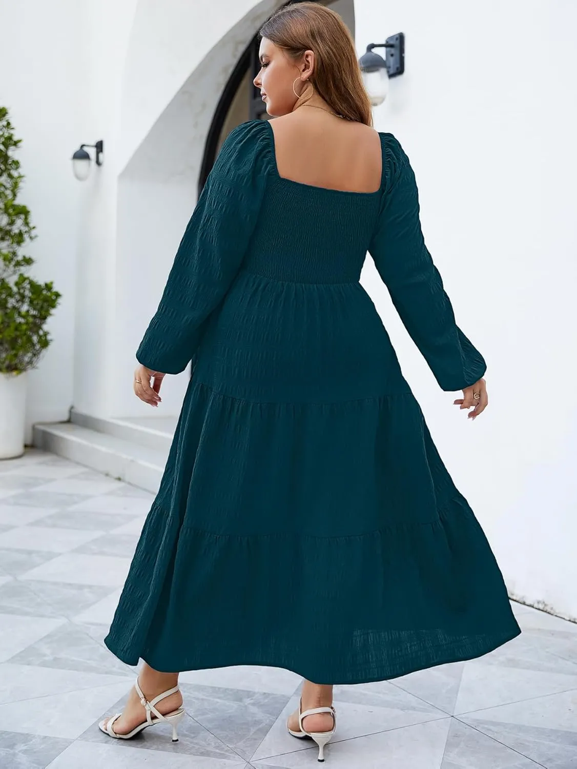 Women's Plus Size Dresses Long Sleeve Floral Midi Dress with Pocket Square Neck Casual Boho Smocked Dress