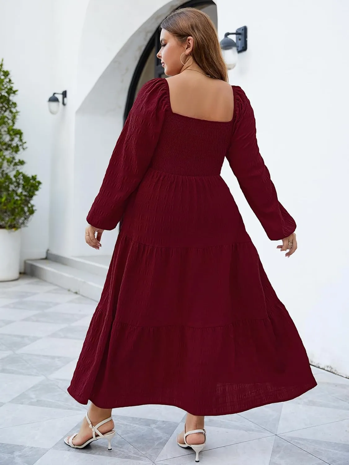 Women's Plus Size Dresses Long Sleeve Floral Midi Dress with Pocket Square Neck Casual Boho Smocked Dress