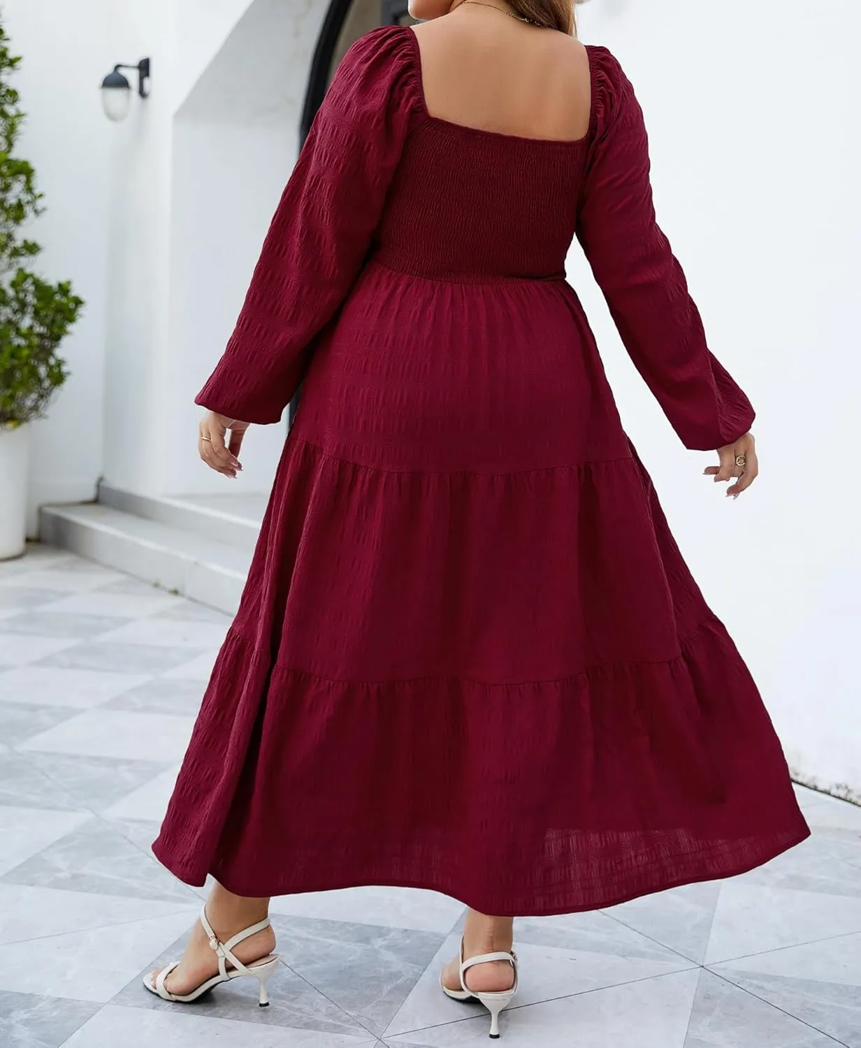 Women's Plus Size Dresses Long Sleeve Floral Midi Dress with Pocket Square Neck Casual Boho Smocked Dress