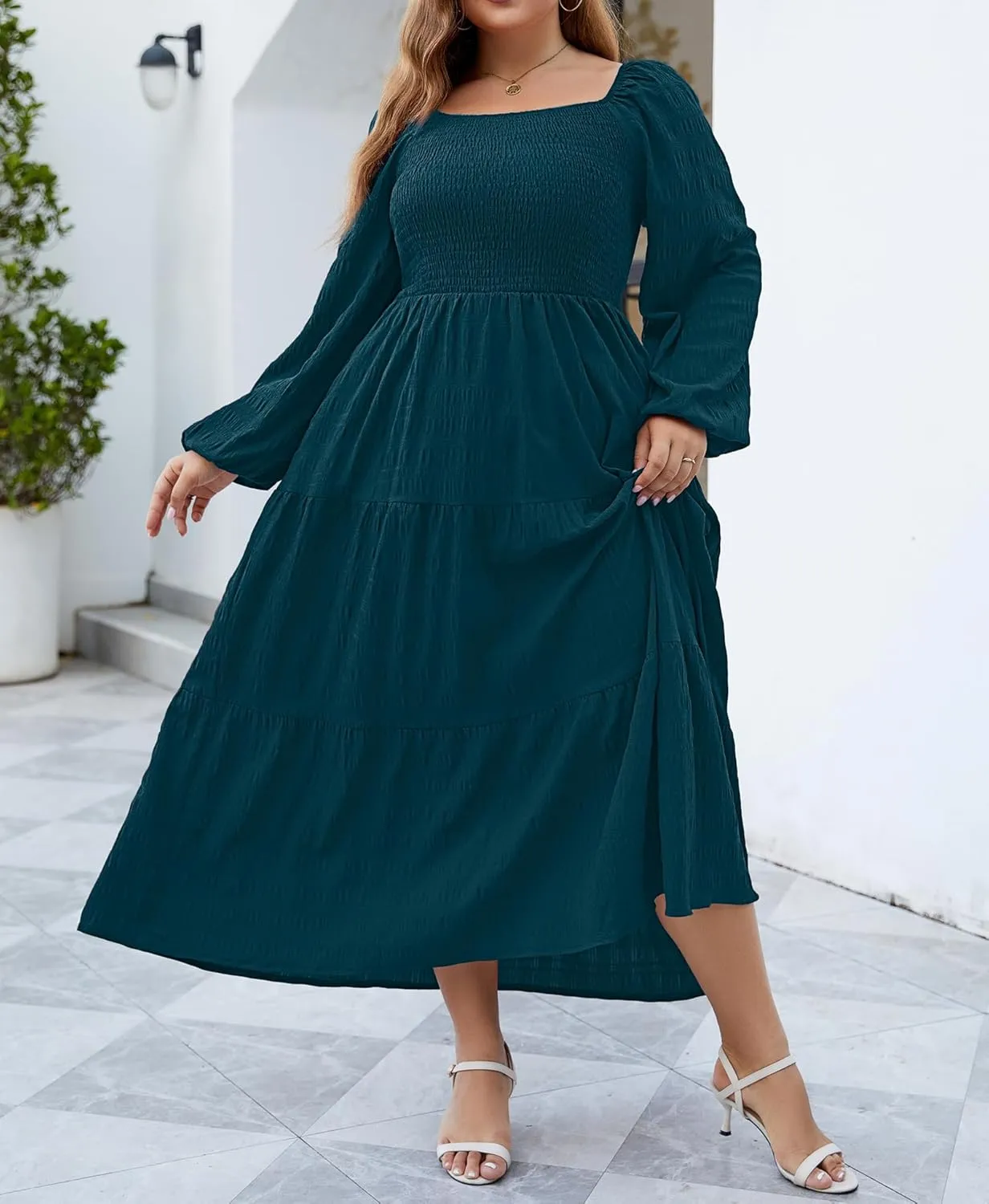 Women's Plus Size Dresses Long Sleeve Floral Midi Dress with Pocket Square Neck Casual Boho Smocked Dress