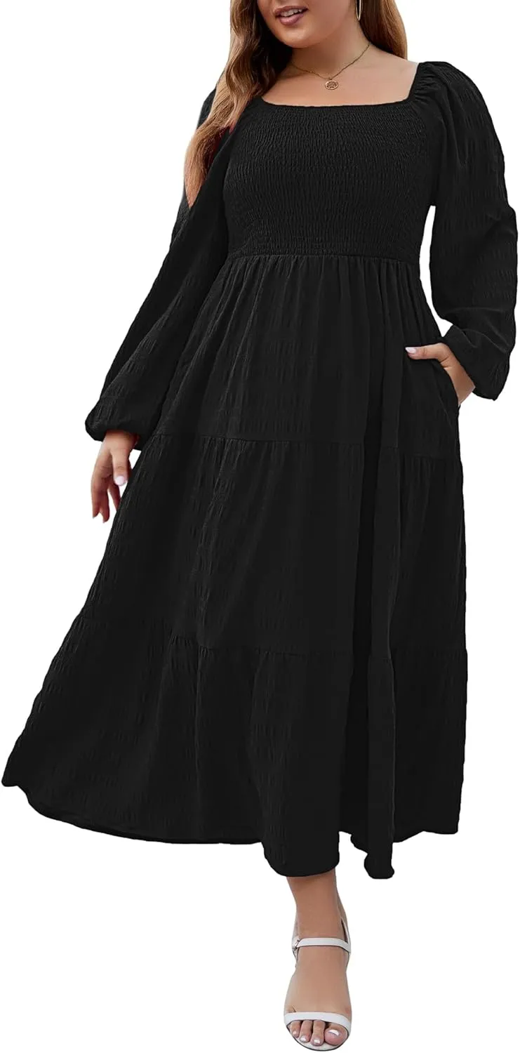 Women's Plus Size Dresses Long Sleeve Floral Midi Dress with Pocket Square Neck Casual Boho Smocked Dress