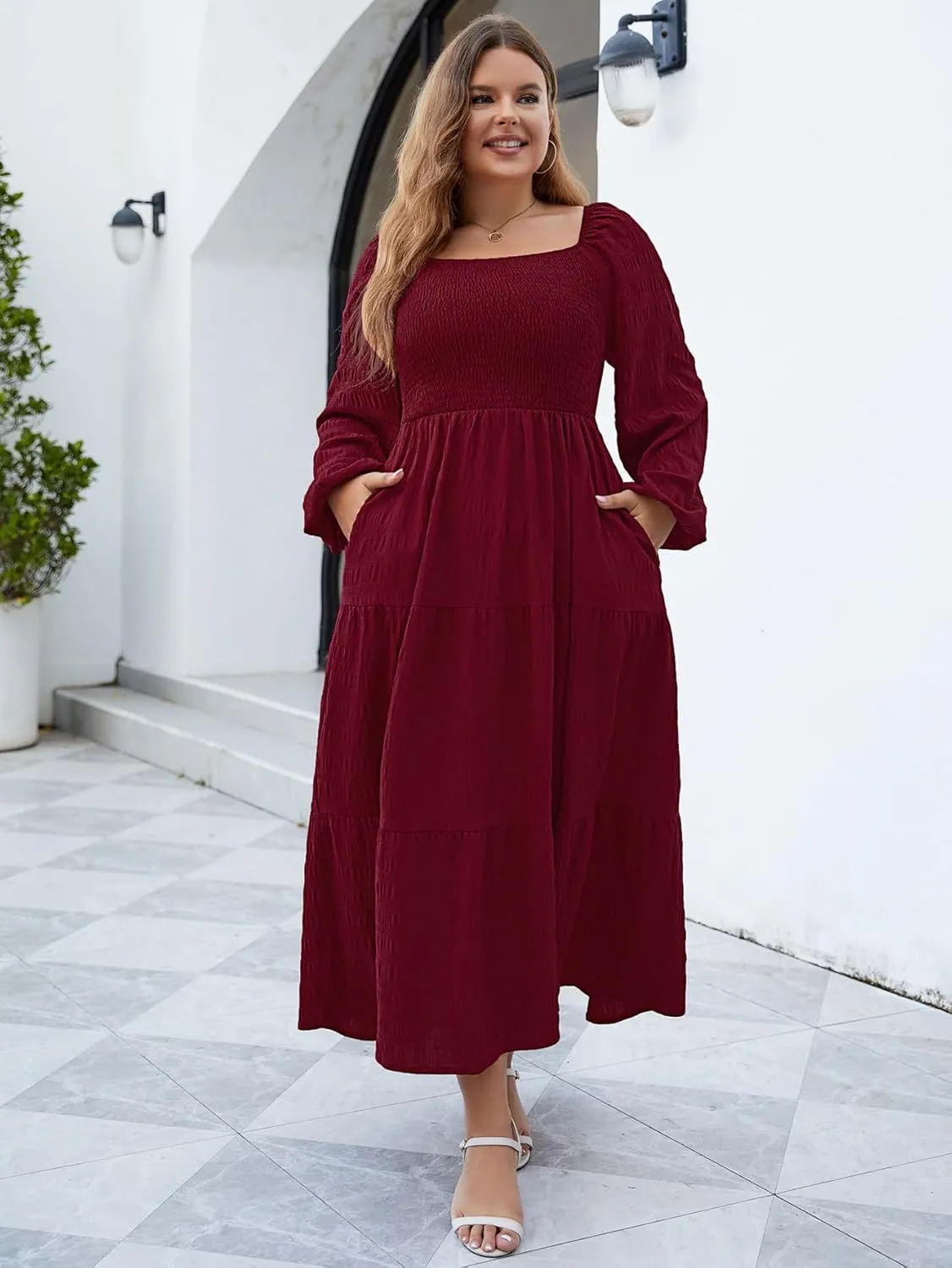 Women's Plus Size Dresses Long Sleeve Floral Midi Dress with Pocket Square Neck Casual Boho Smocked Dress