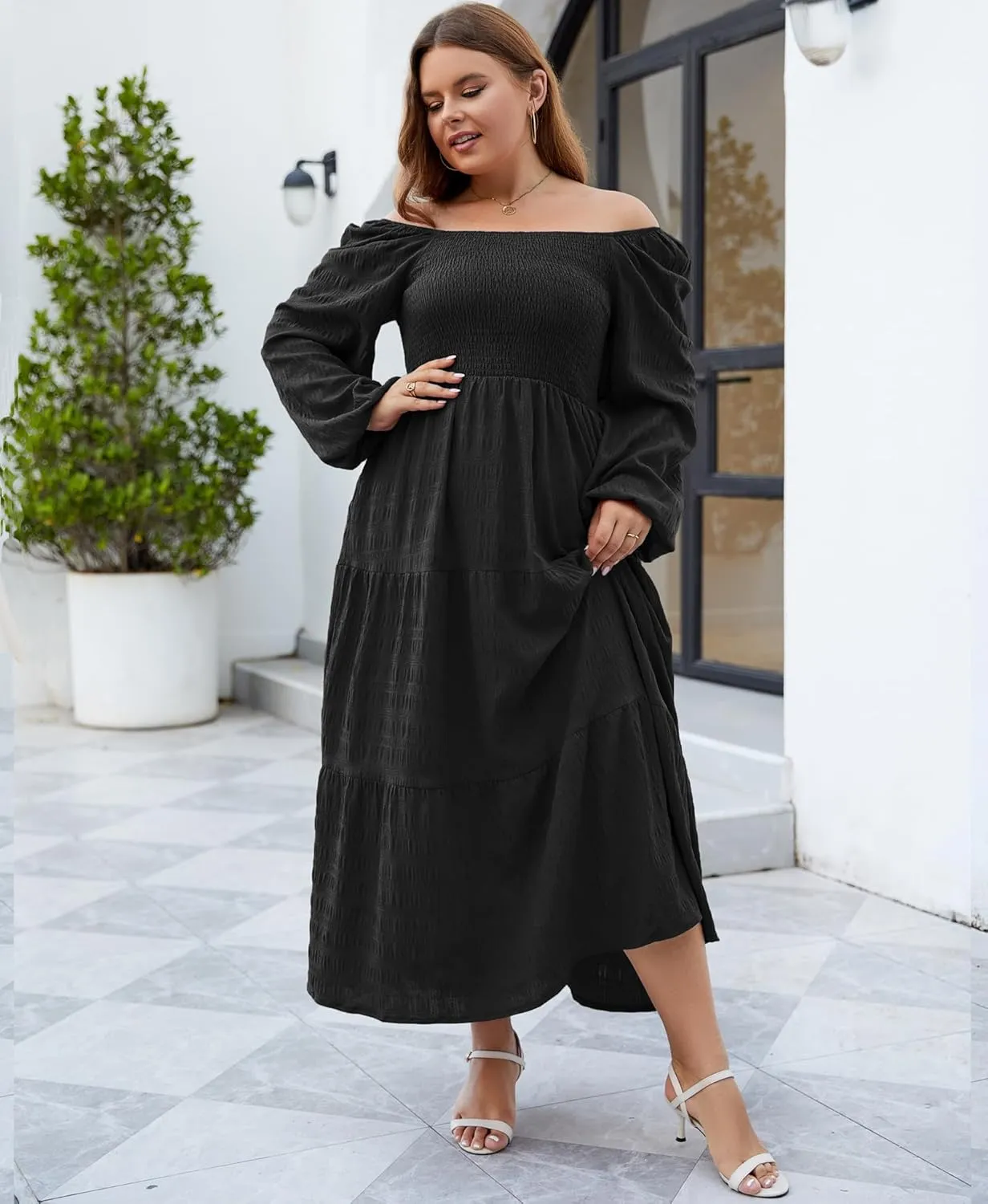 Women's Plus Size Dresses Long Sleeve Floral Midi Dress with Pocket Square Neck Casual Boho Smocked Dress