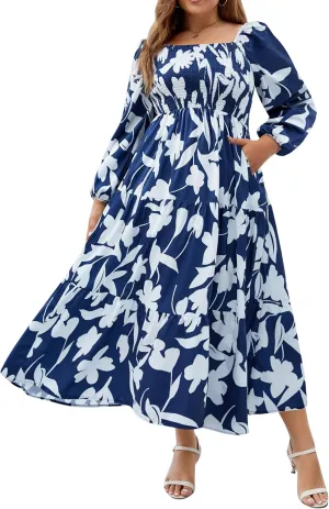 Women's Plus Size Dresses Long Sleeve Floral Midi Dress with Pocket Square Neck Casual Boho Smocked Dress