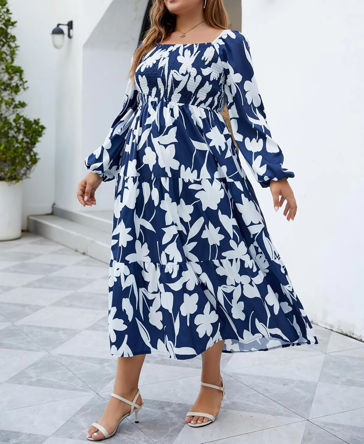 Women's Plus Size Dresses Long Sleeve Floral Midi Dress with Pocket Square Neck Casual Boho Smocked Dress