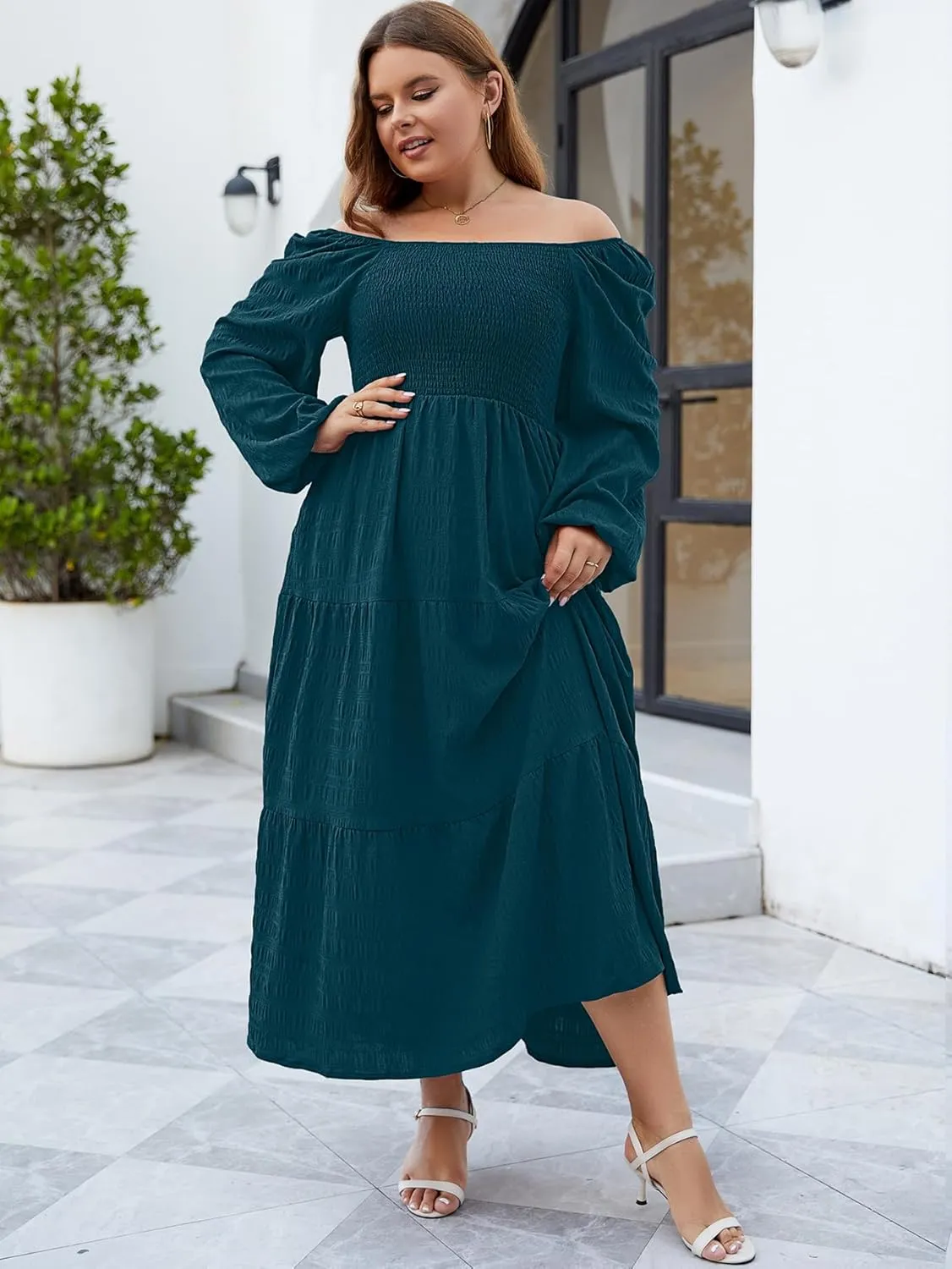 Women's Plus Size Dresses Long Sleeve Floral Midi Dress with Pocket Square Neck Casual Boho Smocked Dress