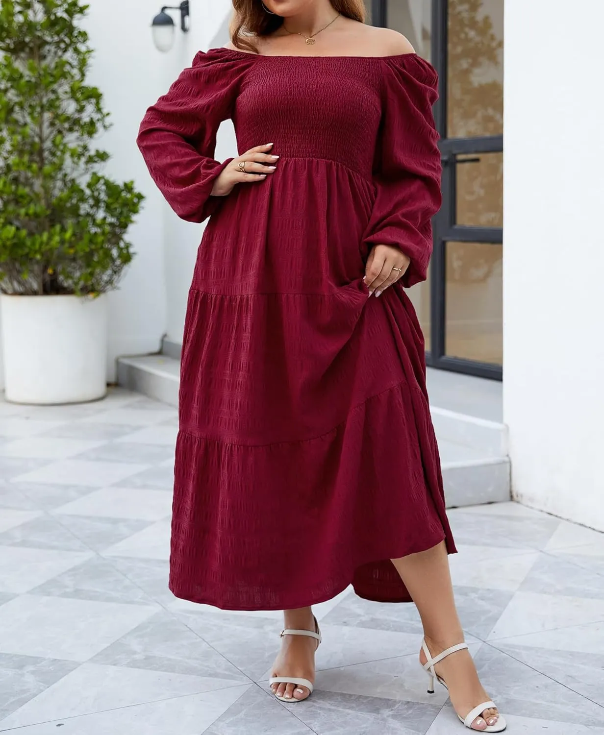 Women's Plus Size Dresses Long Sleeve Floral Midi Dress with Pocket Square Neck Casual Boho Smocked Dress