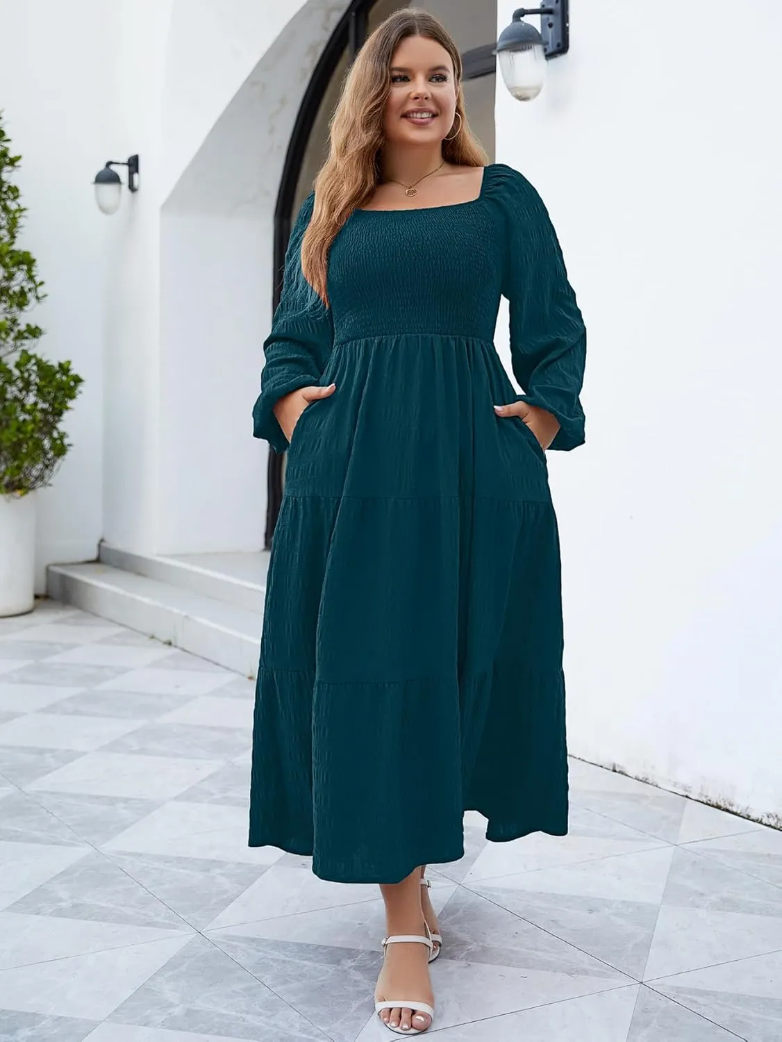 Women's Plus Size Dresses Long Sleeve Floral Midi Dress with Pocket Square Neck Casual Boho Smocked Dress
