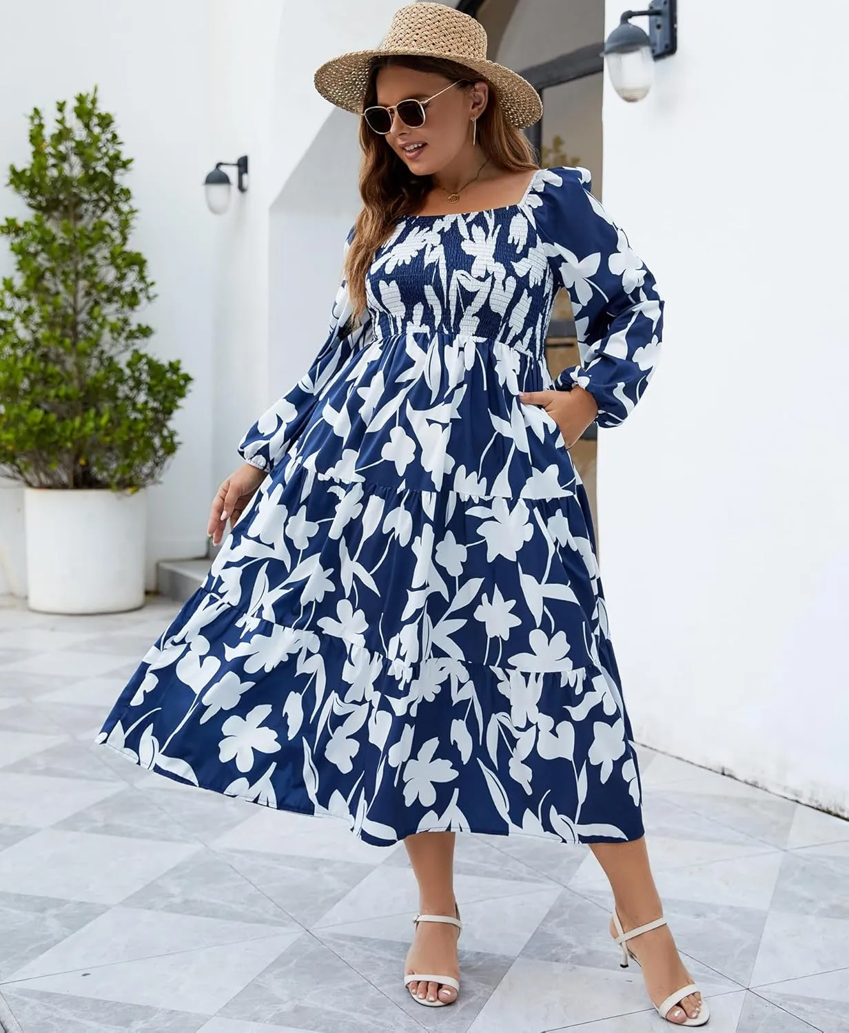 Women's Plus Size Dresses Long Sleeve Floral Midi Dress with Pocket Square Neck Casual Boho Smocked Dress