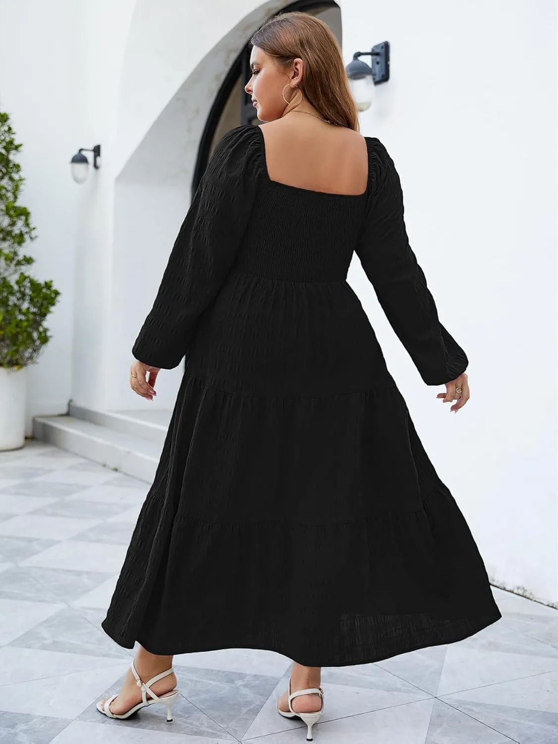 Women's Plus Size Dresses Long Sleeve Floral Midi Dress with Pocket Square Neck Casual Boho Smocked Dress
