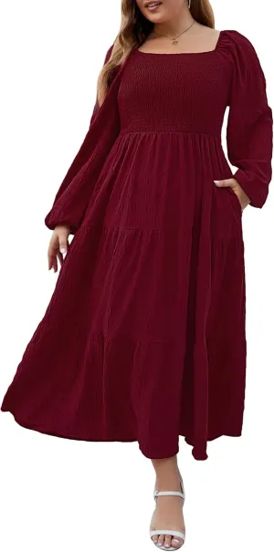 Women's Plus Size Dresses Long Sleeve Floral Midi Dress with Pocket Square Neck Casual Boho Smocked Dress