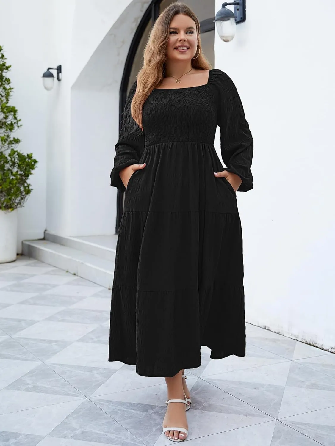 Women's Plus Size Dresses Long Sleeve Floral Midi Dress with Pocket Square Neck Casual Boho Smocked Dress