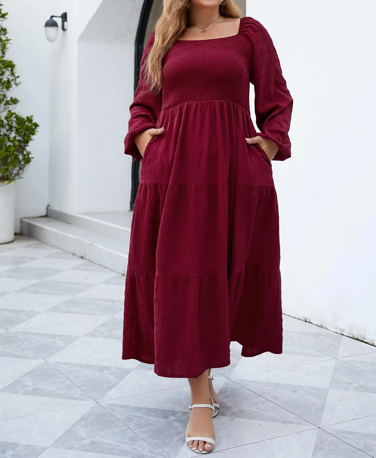 Women's Plus Size Dresses Long Sleeve Floral Midi Dress with Pocket Square Neck Casual Boho Smocked Dress