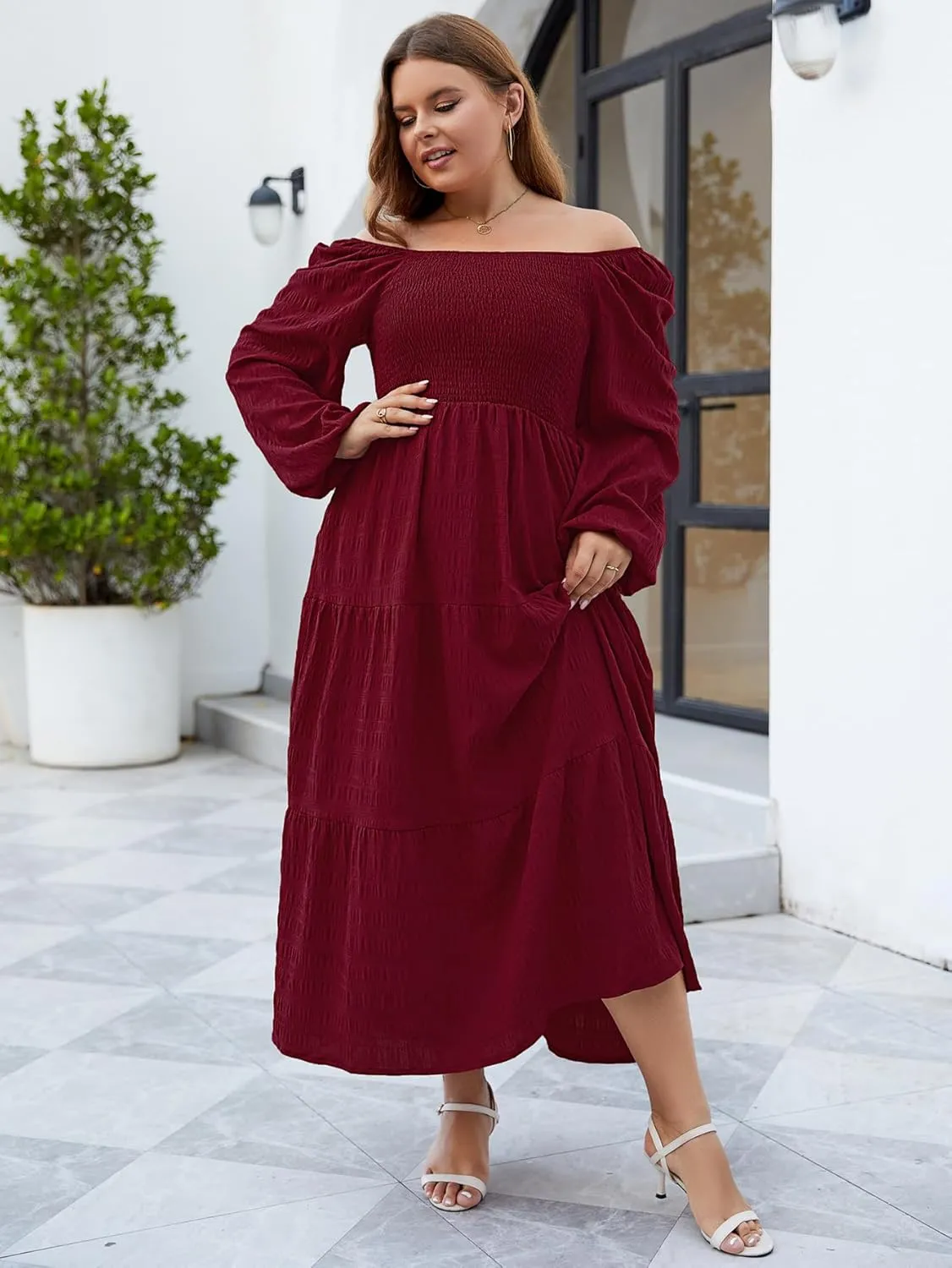 Women's Plus Size Dresses Long Sleeve Floral Midi Dress with Pocket Square Neck Casual Boho Smocked Dress