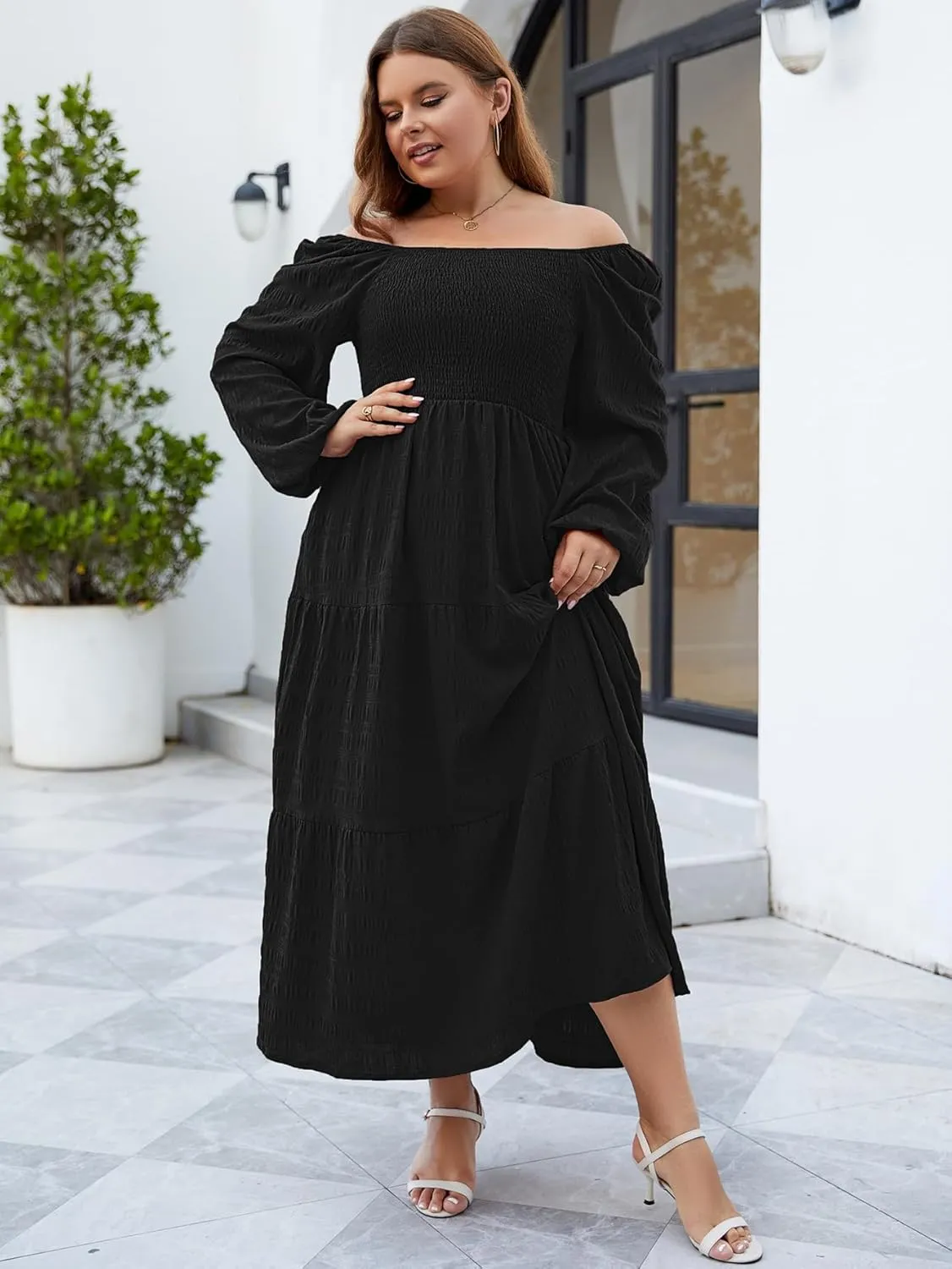 Women's Plus Size Dresses Long Sleeve Floral Midi Dress with Pocket Square Neck Casual Boho Smocked Dress