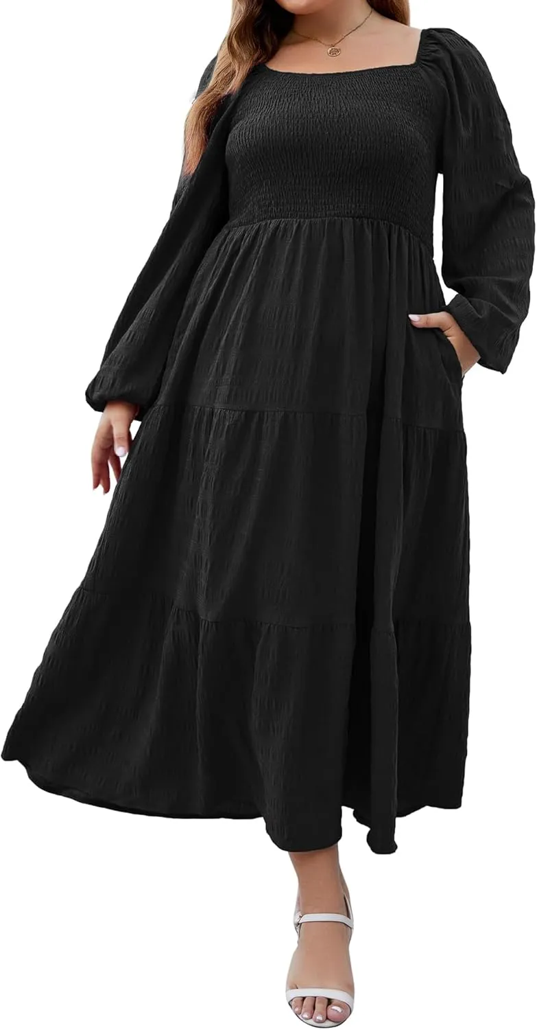 Women's Plus Size Dresses Long Sleeve Floral Midi Dress with Pocket Square Neck Casual Boho Smocked Dress