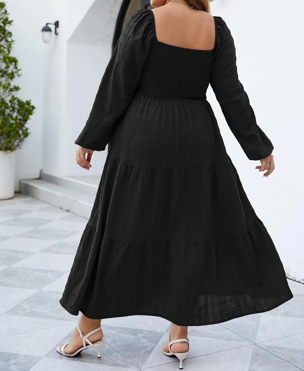 Women's Plus Size Dresses Long Sleeve Floral Midi Dress with Pocket Square Neck Casual Boho Smocked Dress