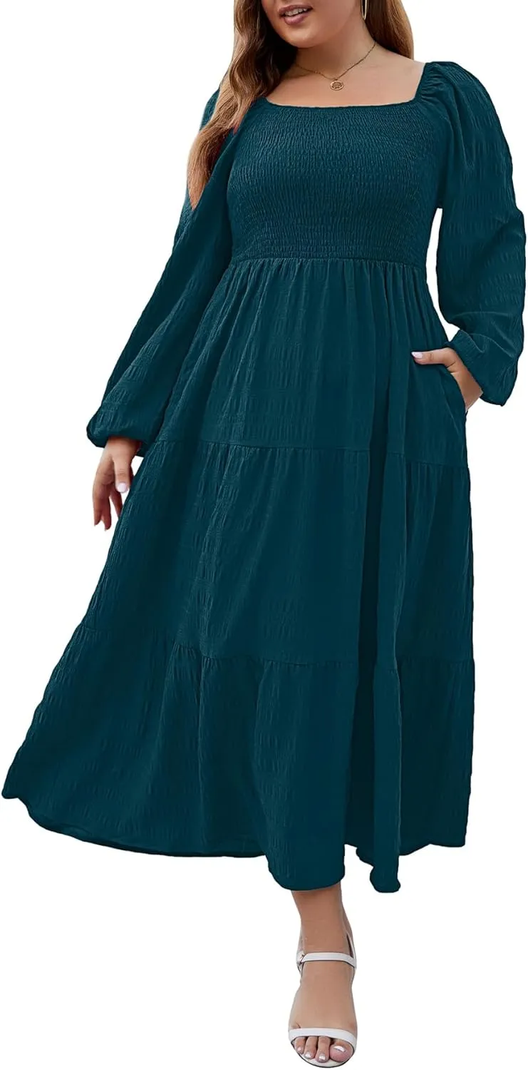 Women's Plus Size Dresses Long Sleeve Floral Midi Dress with Pocket Square Neck Casual Boho Smocked Dress