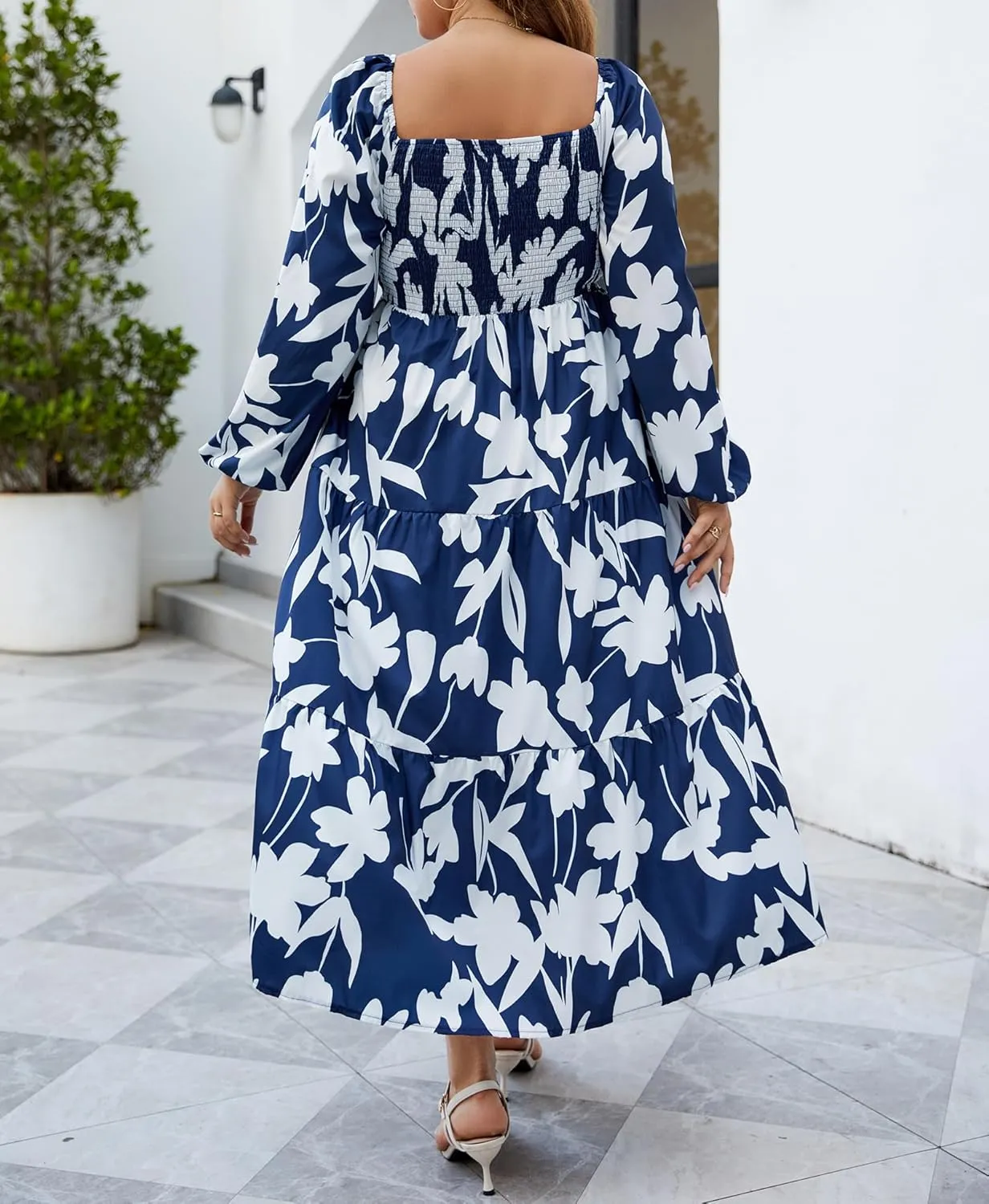 Women's Plus Size Dresses Long Sleeve Floral Midi Dress with Pocket Square Neck Casual Boho Smocked Dress