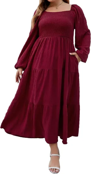 Women's Plus Size Dresses Long Sleeve Floral Midi Dress with Pocket Square Neck Casual Boho Smocked Dress