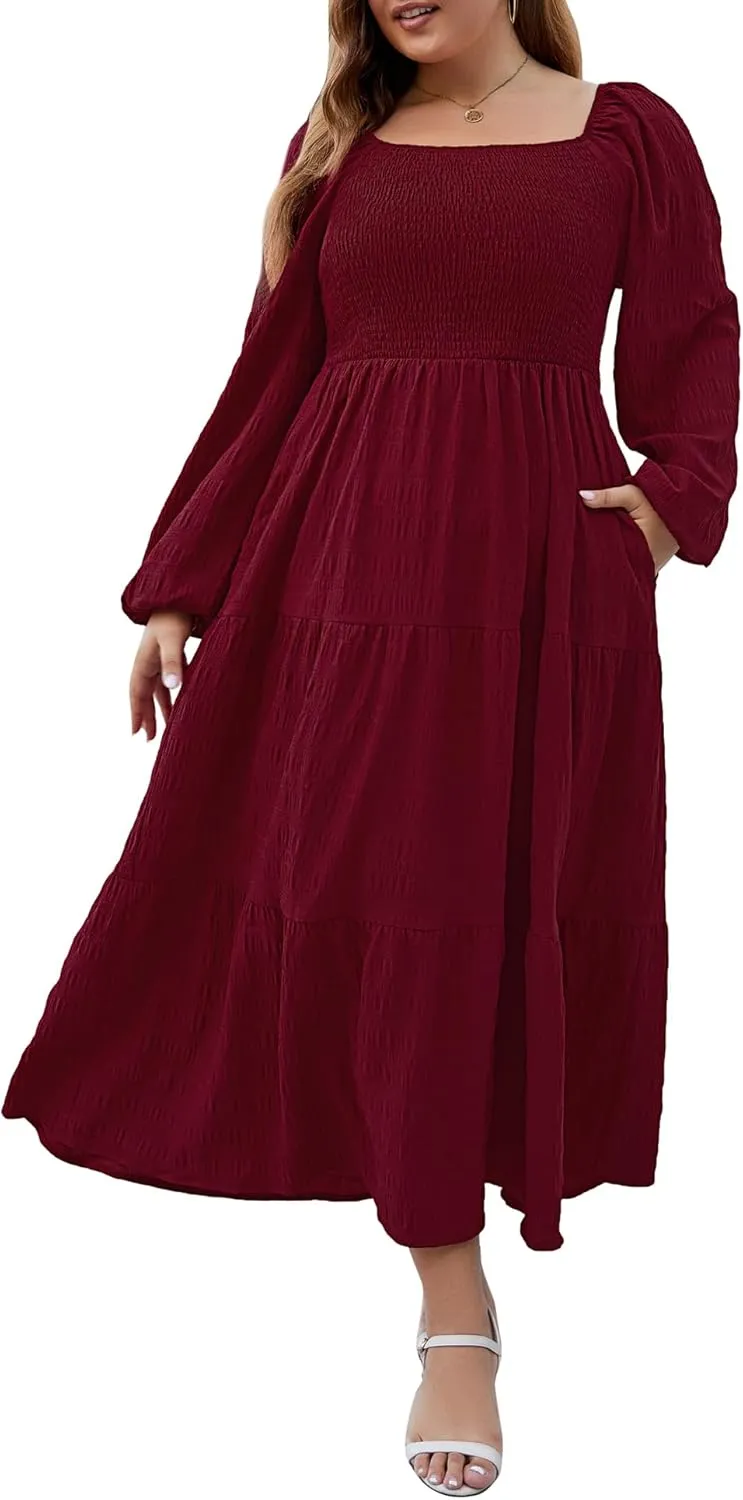 Women's Plus Size Dresses Long Sleeve Floral Midi Dress with Pocket Square Neck Casual Boho Smocked Dress