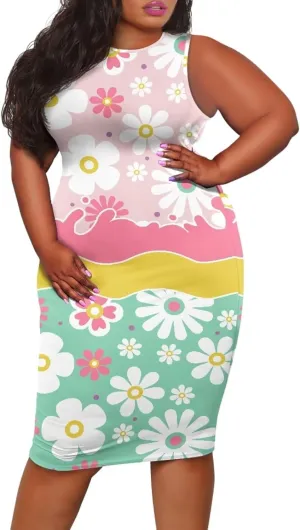Women's Plus Size Floral Dress Sleeveless Crewneck Sundress Casual Bodycon Wrap Dress Shift Dress