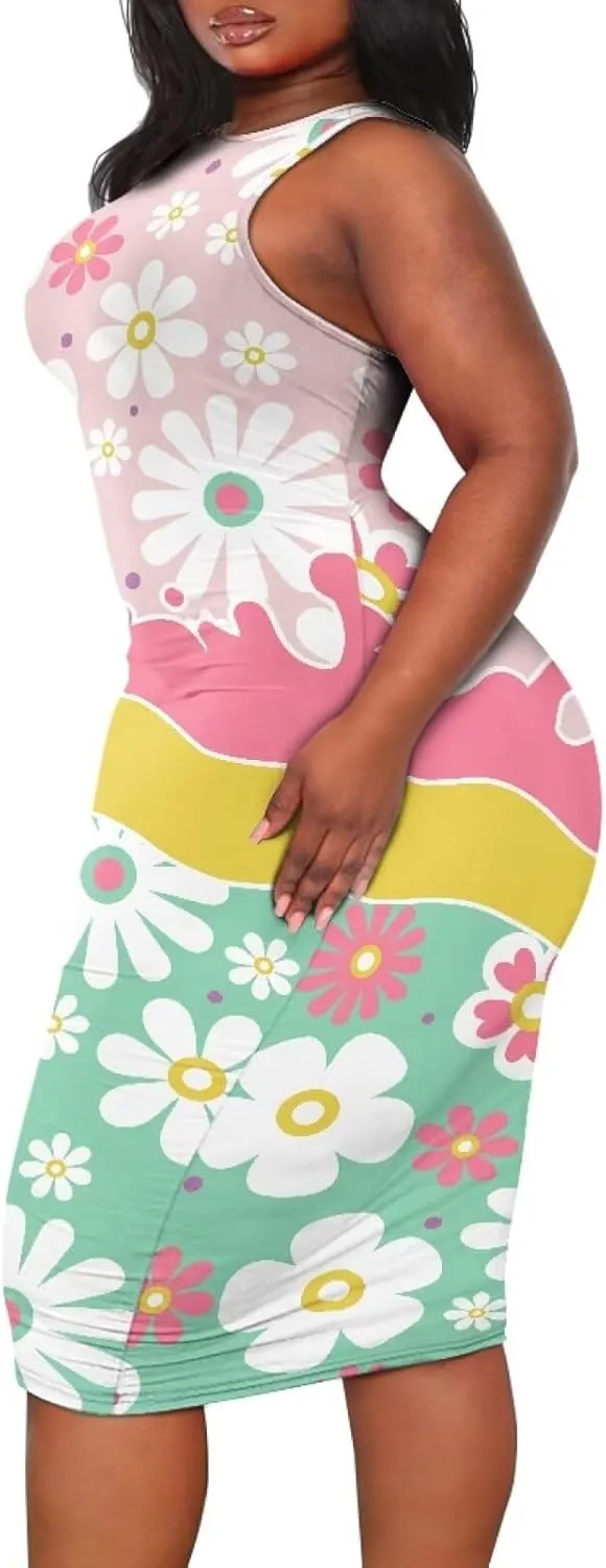 Women's Plus Size Floral Dress Sleeveless Crewneck Sundress Casual Bodycon Wrap Dress Shift Dress