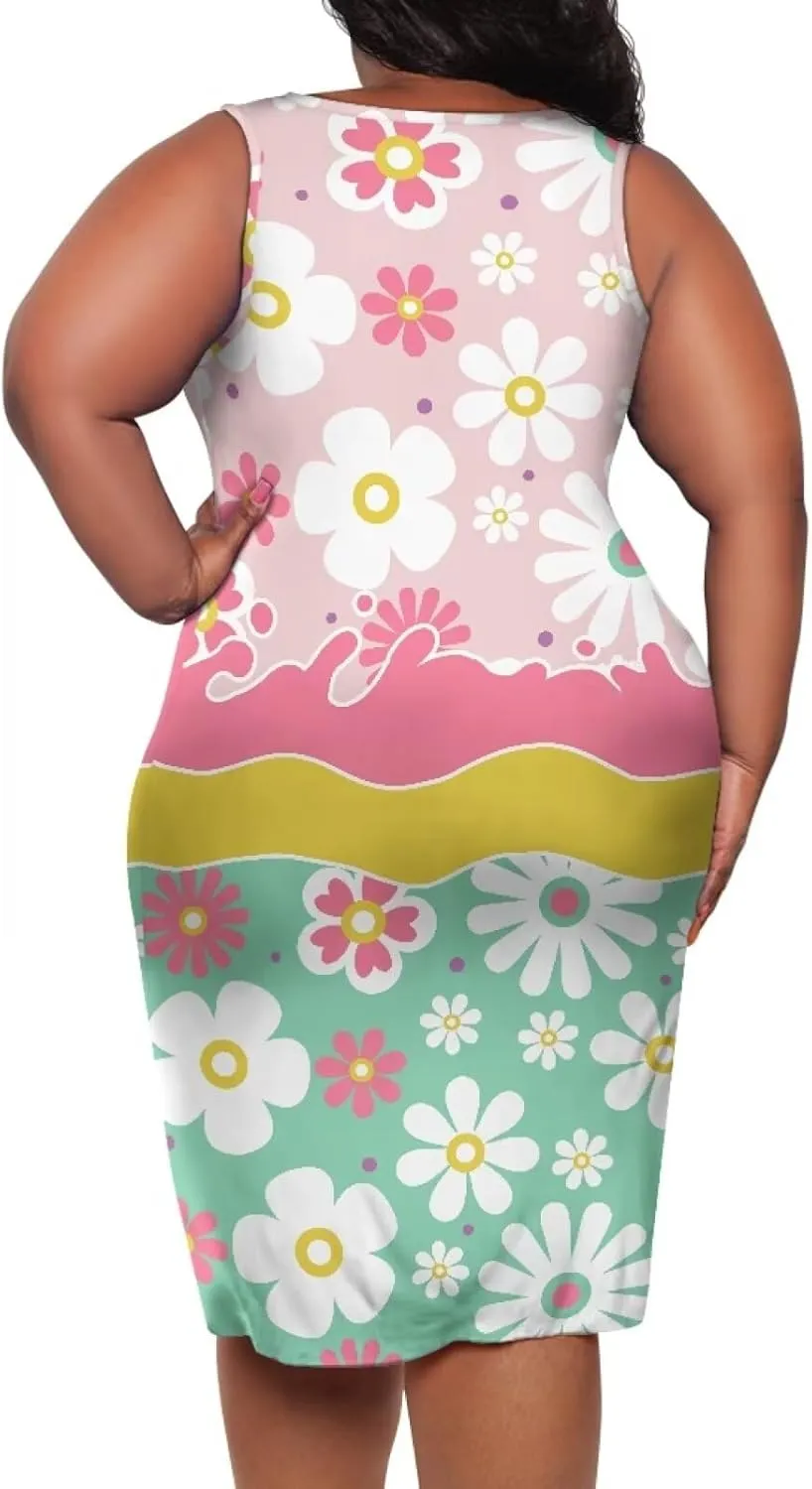 Women's Plus Size Floral Dress Sleeveless Crewneck Sundress Casual Bodycon Wrap Dress Shift Dress