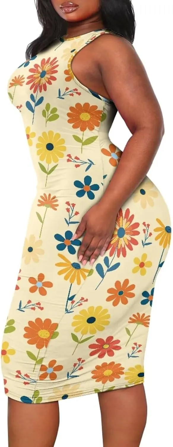Women's Plus Size Floral Dress Sleeveless Crewneck Sundress Casual Bodycon Wrap Dress Shift Dress