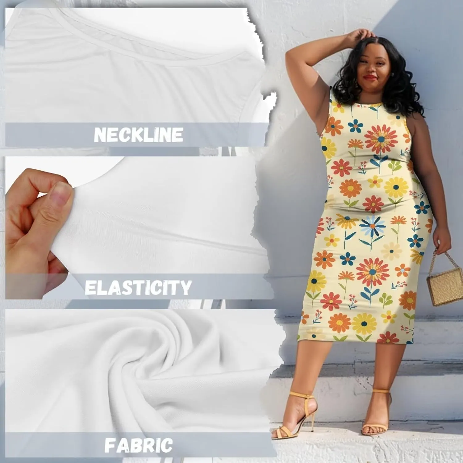 Women's Plus Size Floral Dress Sleeveless Crewneck Sundress Casual Bodycon Wrap Dress Shift Dress