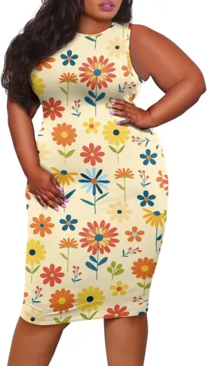 Women's Plus Size Floral Dress Sleeveless Crewneck Sundress Casual Bodycon Wrap Dress Shift Dress