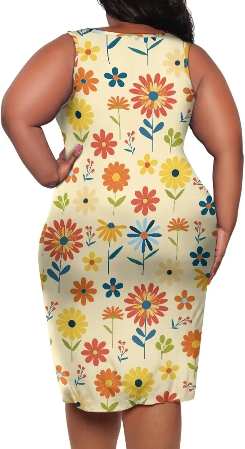 Women's Plus Size Floral Dress Sleeveless Crewneck Sundress Casual Bodycon Wrap Dress Shift Dress
