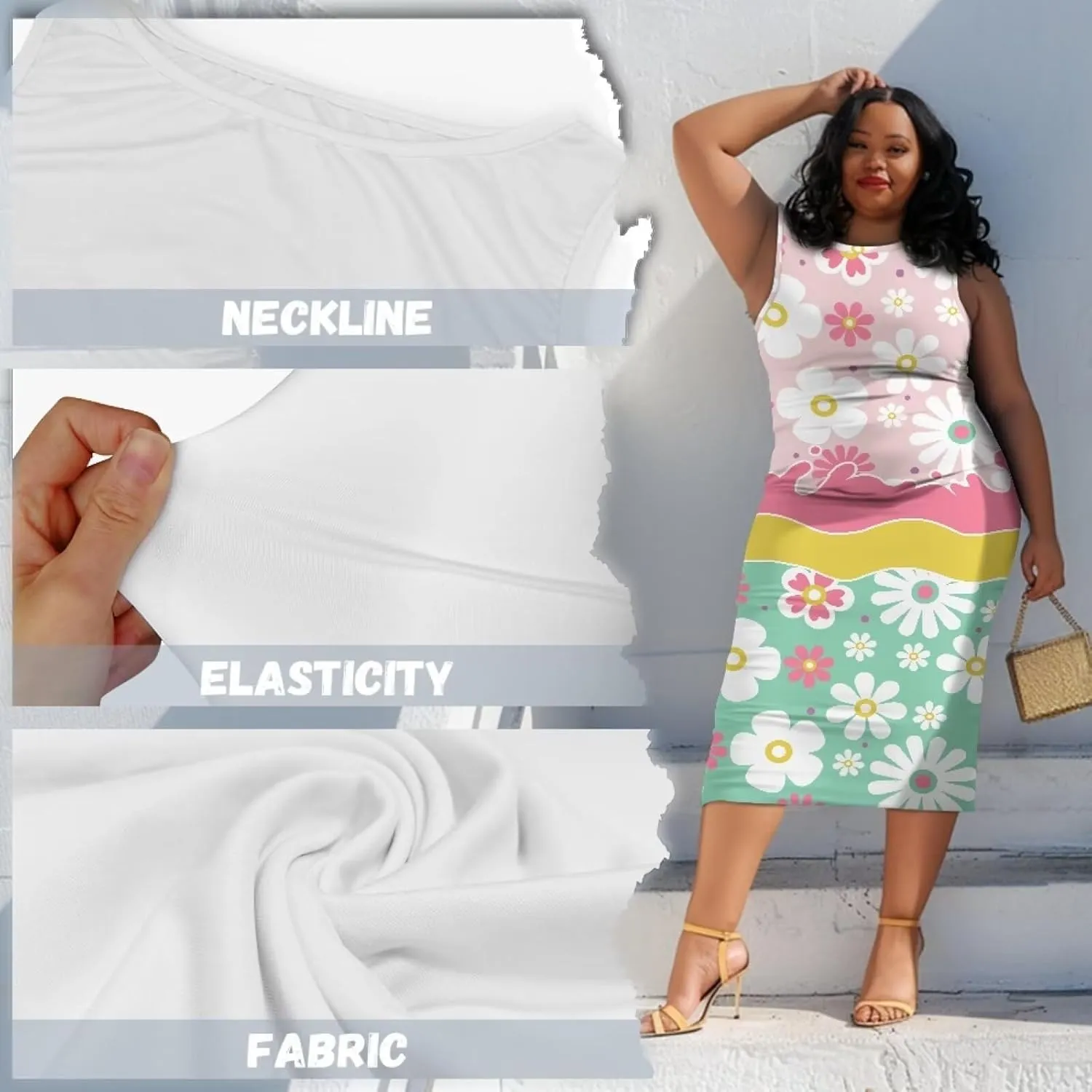 Women's Plus Size Floral Dress Sleeveless Crewneck Sundress Casual Bodycon Wrap Dress Shift Dress