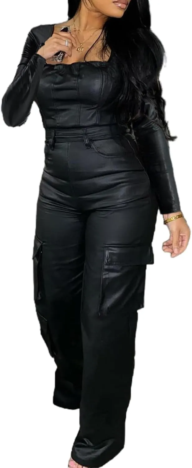 Womens PU Leather Jumpsuit Sexy Long Sleeve Square Neck Tight Waist Cargo Pants One Piece Bodysuit